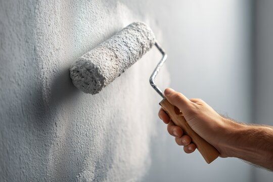 Human Hand Holding Paint Roller on Light Blue Wall, Wall Painting Concept