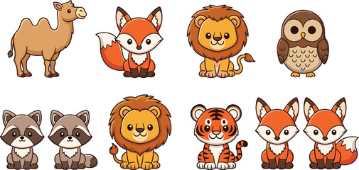 Obraz premium Set of cute cartoon animals including lion, fox, tiger, owl and raccoon, adorable wildlife character collection isolated vector illustration for kids design
