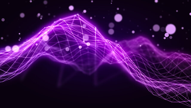 abstract, abstract lines are displayed in a network, creating a dynamic sense. Lines and dots interweave to form a futuristic landscape with purple hues against a dark background.