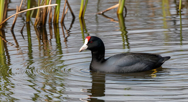 A Eurasian coot with a distinctive white forehead and red beak swims serenely on rippling water with reeds in the background.