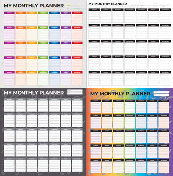 4 Planificateurs Mensuels Mod&egrave;le Color&eacute; &ndash; Organiseur et Calendrier imprimable modifiable - Diverses Couleurs - Vecteur