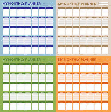4 Planificateurs Mensuels Mod&egrave;le Color&eacute; &ndash; Organiseur et Calendrier imprimable modifiable - Diverses Couleurs - Vecteur