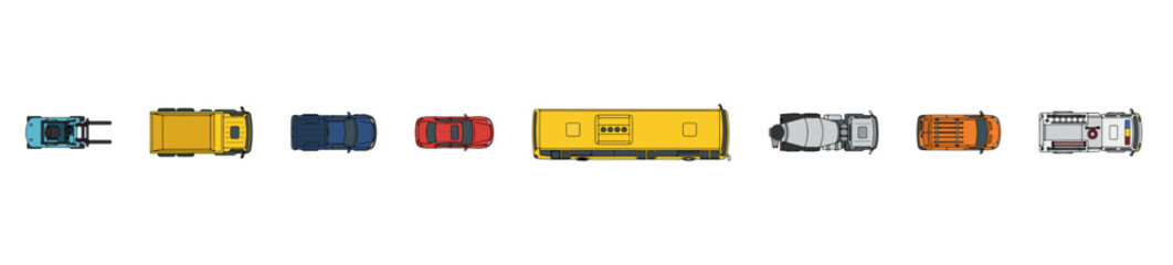 Top View Diverse Vehicles and Heavy Machinery Vector Set, Overhead Perspective City Cars, Trucks, Bus, and Construction Equipment for Architectural Site Plans, Urban Scene Design, Flat Minimal Style © MkJutt