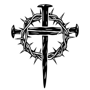 Sacred Crown Of Thorns On The Christian Cross With Three Nails, Religious Symbol Of Jesus Christ Passion And Crucifixion For Good Friday