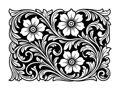 Traditional Tooled Leather Floral Pattern Design, Intricate Western Style Flowers And Swirls For Carving And Embossing Background Textures