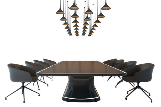 Black conference table with chairs in clean style on white background, showing modern office concept with elegant lighting, 3D Rendering