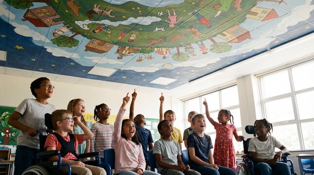 Children classroom pointing colorful painted ceiling mural showing neighborhood scene, joyful mixed group engaged, inclusive diverse students, playful educational environment, bright natural light