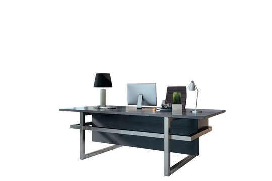 Office desk with computer and lamps in modern style on white background, concept of workspace efficiency, 3D Rendering