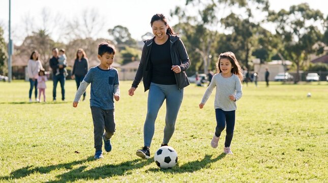 Woman and two children playing soccer on sunny suburban park field, running and smiling while kicking ball with trees and families in background