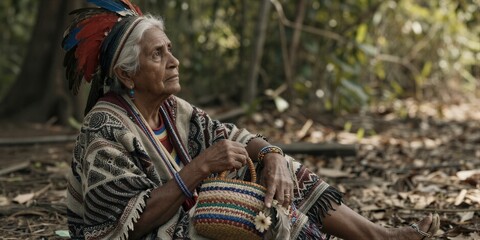 Obraz premium An elderly indigenous woman sits contemplatively on the ground in a natural setting, surrounded by earthy vegetation and traditional attire.