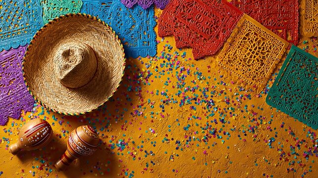Vibrant Mexican Fiesta Setup with Colorful Papel Picado, Sombrero, and Maracas on Yellow Fiesta Background