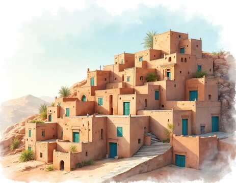 Terraced village built on desert hill. Ancient mud brick houses with turquoise doors climb stone stpic under a hazy sky. Traditional Middle Eastern architecture.