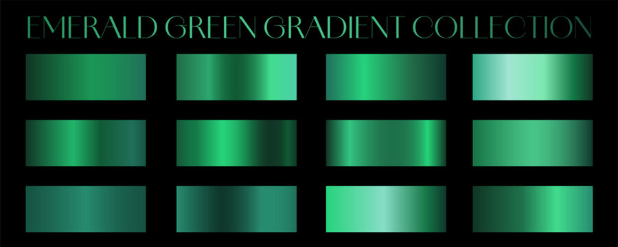 Emerald Green gradients collection. Bright set of colorful gradient swatches with vivid high-contrast transitions for modern digital design. Premium rgb palette