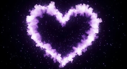 Fototapeta premium Glowing purple heart made of cloud-like smoke and sparkling particles against a dark night sky. jpg