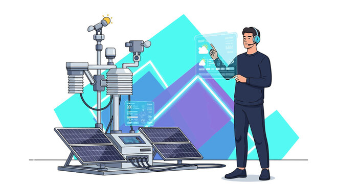 Futuristic weather station powered by solar energy with an operator monitoring data