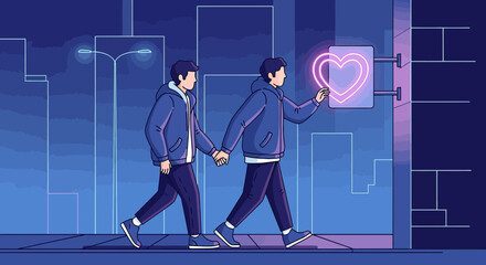 Fototapeta premium Gay Couple Holding Hands, Interacting with Neon Heart Icon in Futuristic City