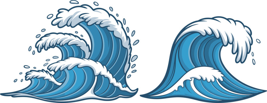 Cartoon ocean waves illustration, dynamic sea water splash elements for summer design vector