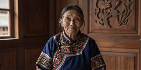 Obraz premium An elderly indigenous woman sits serenely indoors, surrounded by wooden panels and natural light, exuding quiet dignity with her wrinkled face and dark hair.