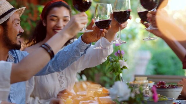 Happy, friends and toast with red wine in backyard for support, celebration and lunch reunion. Smile, people and cheers alcohol with food at gathering, series and gratitude of Easter holiday at house