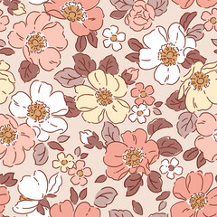 Naklejka premium Hand drawn wild roses. Seamless vector pattern. Liberty floral design on isolated background. Perfect for textile, wallpaper or nursery print design.