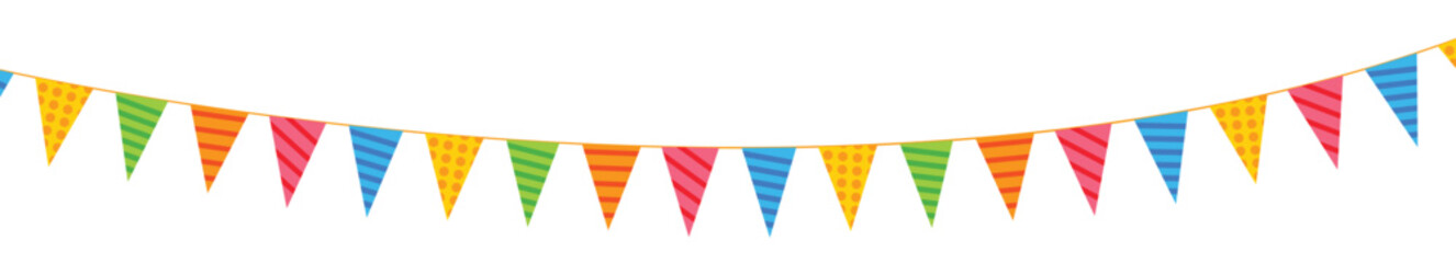 Colourful bunting flags banner set showing vibrant rainbow string pennants for cheerful party carnival and festival decoration © Rashida