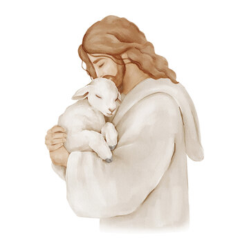 Jesus holding lamb, isolated clipart, watercolor illustration. Perfect for Christian prints, baptism invitations, religious storytelling and church designs.