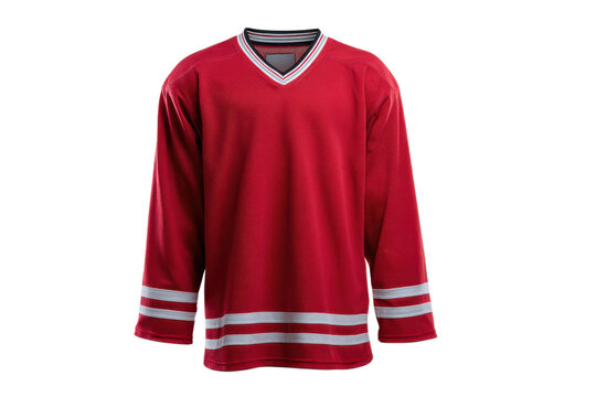 Red hockey jersey with white stripes on sleeves and collar sport clothing, Png, Isolated on Transparent Background, Cut Out