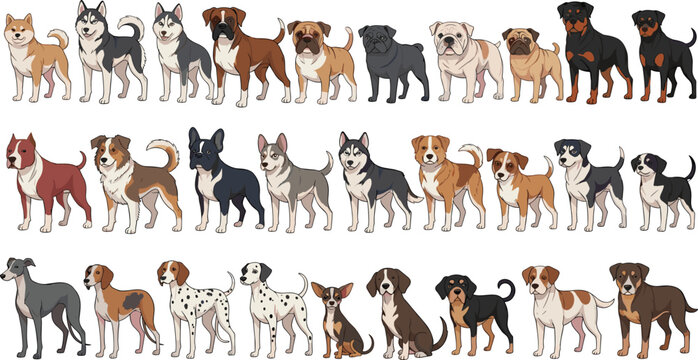 Large Dog Breeds Collection Set Featuring Husky Bulldog Pug Rottweiler Dalmatian and Mixed Breeds in Flat Cartoon Style Vector Illustration for Pet Design.