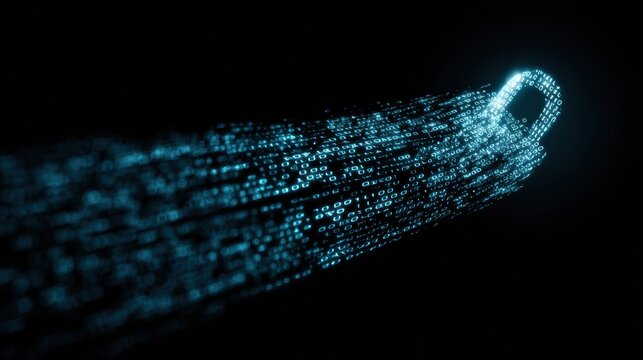 Lock Icon Dissolves Into Binary Code on Dark Background in Blue and Cyan Colors to Represent Technology and Data Security