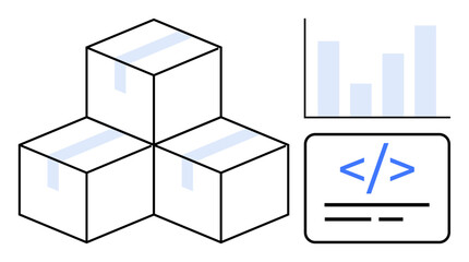 Obraz premium Logistics, data analysis, supply chain, coding, software development, e-commerce solutions. Stacked shipping boxes, a bar graph and coding tag symbols. Logistics and data analysis concept