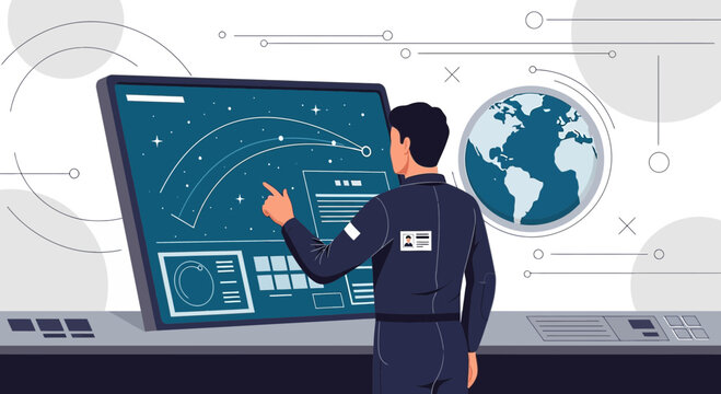 Futuristic mission control scene with an operator managing complex systems interface