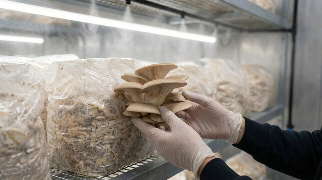 Close-up of hands picking fresh oyster mushrooms growing in climate-controlled grow bags; concept of Pleurotus ostreatus mushroom cultivation and sustainable mushroom production