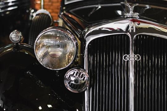 Moscow Russia 04.06.2022 Close up front view of vintage Horch car with chrome grille and Auto Union emblem in Vadim Zadorozhny museum retro automobile exhibition.