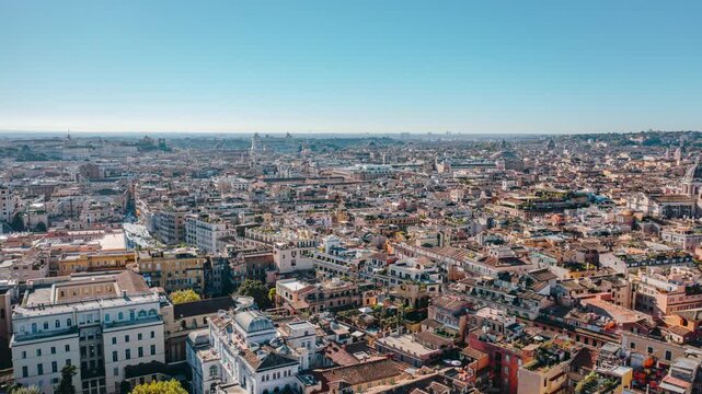 Drone Hyperlapse Over Rome Featuring Historic Domes, Dense Mediterranean Residential Terracotta Rooftops and the Tiber River Crossing the Eternal City in Old Town Area. Beautiful Italian Architecture.