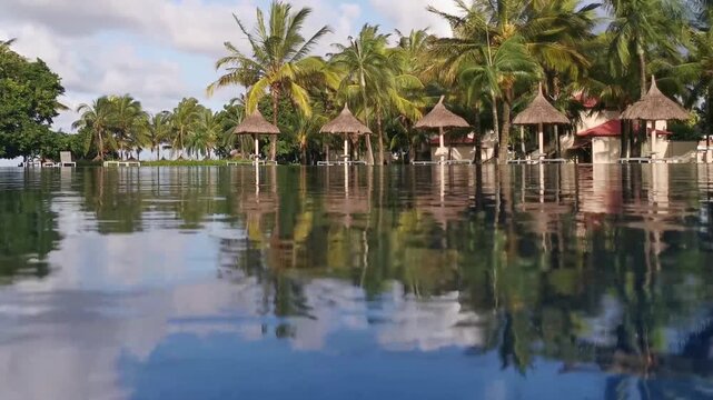 A reflection shot at a pool side at a resort on a tropical island.
