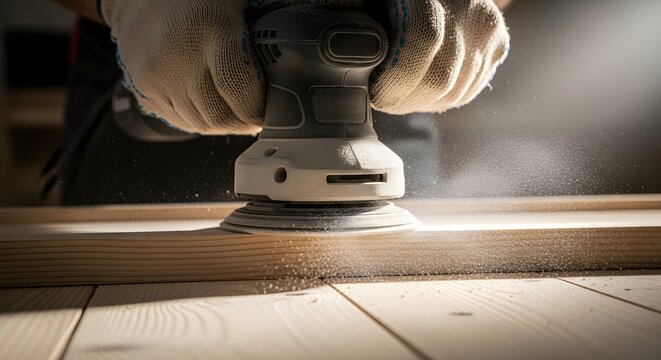 Hands in gloves using orbital sander on wooden surface, dust flying
