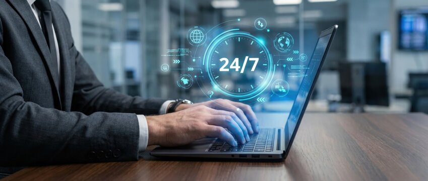 Digital business operations 24/7 monitoring and management office environment image of laptop usage professional viewpoint technology concept