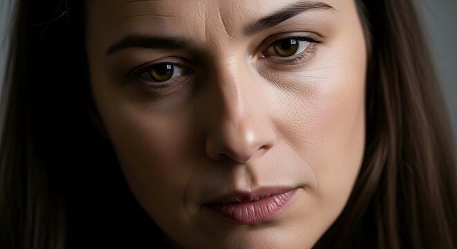 close-up portrait of a woman with a serious expression