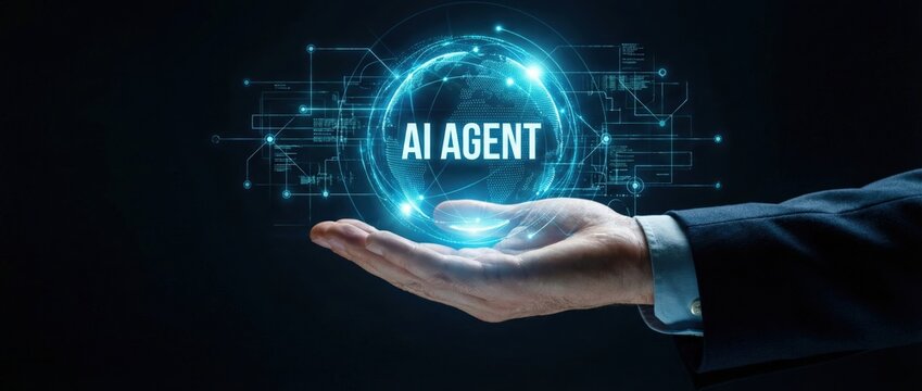 Showcasing ai agent technology in business environment innovative solutions for modern challenges in a futuristic workspace