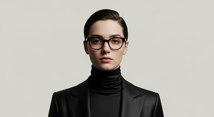 Fototapeta premium Portrait of a young person wearing glasses and a black turtleneck with a blazer.