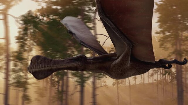 A 4K, 12-second 3d animation of a Thapunngaka shawi pterosaur gliding low over a prehistoric pine forest. Detailed ancient landscape with realistic flying reptile movements