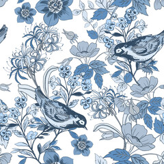 Fototapeta premium Romantic blue chinoiserie countryside floral birds pattern watercolor seamless design