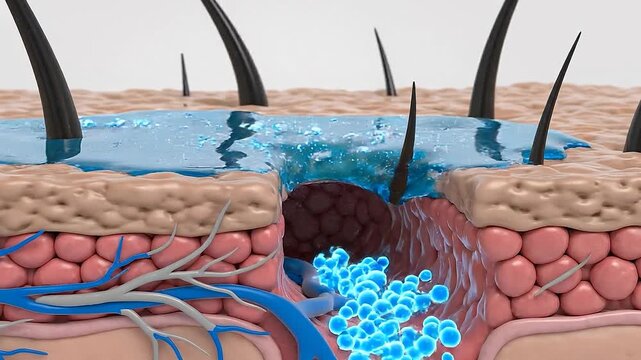 Skin crosssection with blue serum or cream penetrating layers and hair follicles
