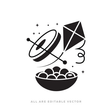 black vector icon of Kite, Lattu and Laddu Bowl with  baisakhi Festival and Makar Sankranti Silhouette Vector Illustration