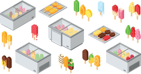 Fototapeta premium Isometric Ice Cream Freezers with Colorful Popsicles, Ice Lollies, and Frozen Desserts for Retail Display Illustrations