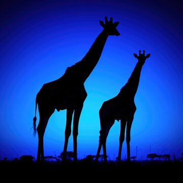 Two giraffes standing in a serene blue African savannah at dusk