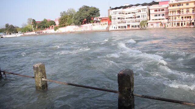Ganga as seen at Har Ki Paudi in Haridwar, Uttarakhand, India. River Ganga is believed to be the holiest river for Hindus, Haridwar Valley on the Ganges river, India