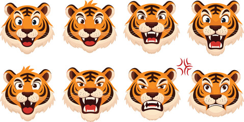 Fototapeta premium Cartoon Tiger Faces with Various Emotions: Happy, Angry, Surprised, and Annoyed Expressions