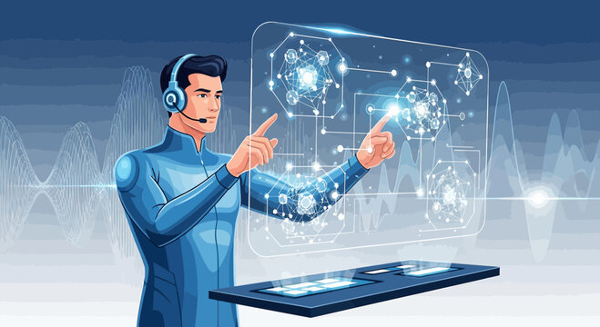 Futuristic interface interaction with virtual reality and digital network control panel