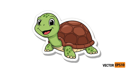 Obraz premium Cute cartoon turtle illustration, happy reptile, sticker design, white background